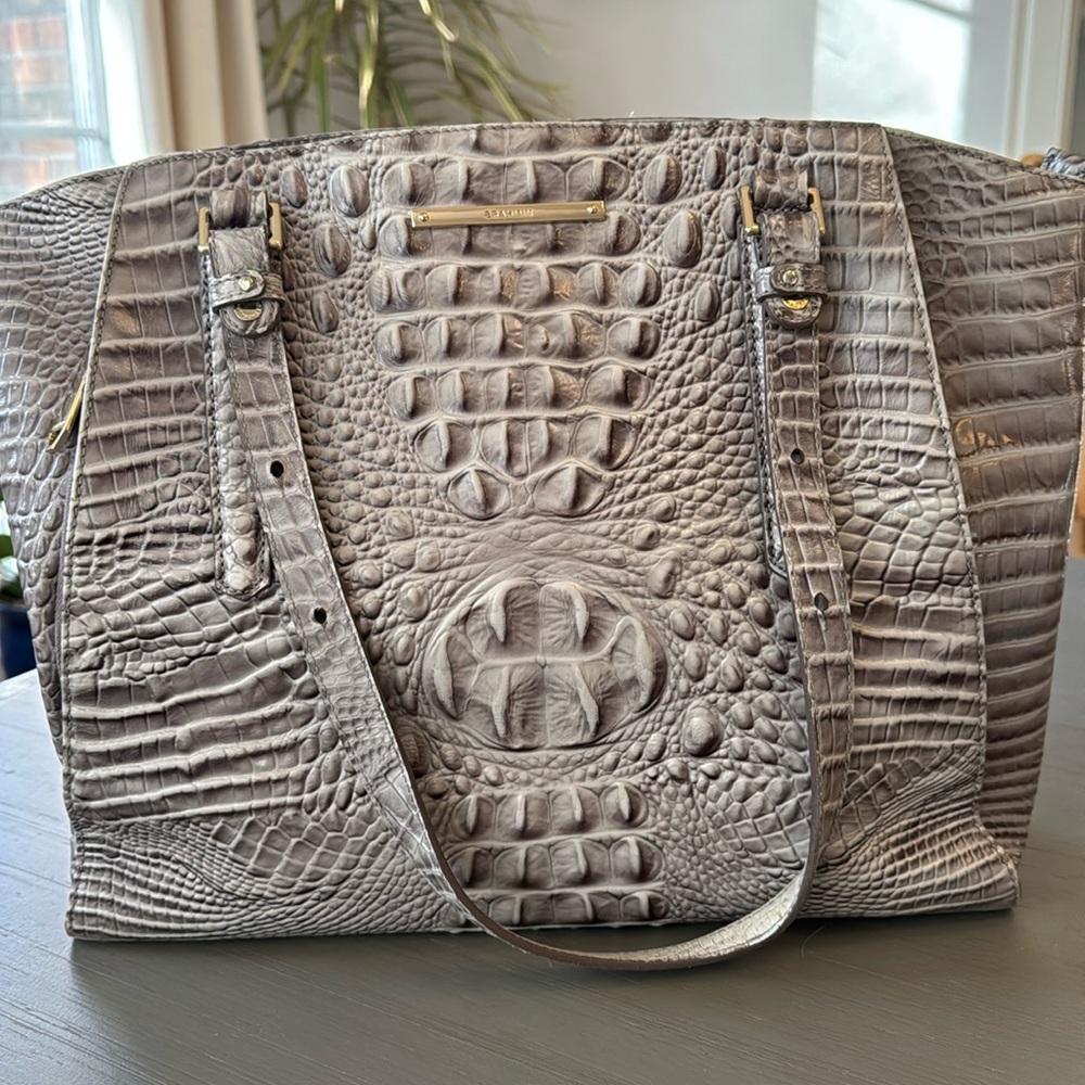 Brahmin Taupe Croc-Embossed Leather Shoulder Bag